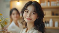 Young Asian woman with wavy hair smiling in beauty salon with soft lighting and wooden shelves of products in background.