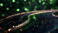 Abstract glowing green and gold particles with curved light trails against dark background, creating magical bokeh effect and dynamic movement pattern.