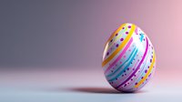 Colorful Easter egg decorated with swirling stripes and dots in vibrant pink, blue, yellow and purple colors on soft gradient background. Festive spring holiday concept.