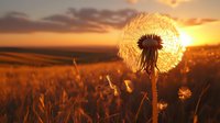 Dandelion seed head silhouetted against golden sunset over wheat field, creating dreamy atmosphere for nature backgrounds.