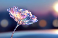 Luminous crystal flower with iridescent petals glowing against blurred sunset background, showcasing translucent glass-like texture in pink and blue hues.