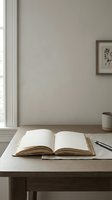 Open blank notebook on wooden desk with pen, coffee cup, and window light in minimalist workspace for writing, journaling, studying, and creative projects.