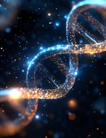 Glowing DNA strand with particles and light effects on dark background, blue and orange genetic structure with bokeh and sparkles for science and medicine.