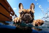 French bulldog swimming in pool with water splashing around face and paws visible above surface on sunny summer day for pet exercise and recreation.