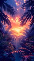 Dramatic sunset sky through tropical palm leaves creating mystical purple and orange atmosphere. Palm fronds silhouetted against vibrant dusk clouds.