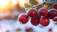 Fresh red berries covered in morning frost and dewdrops against blurred golden sunrise background, creating magical winter garden atmosphere.