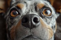 Close up macro shot of dog nose and amber eyes showing detailed texture of fur in black, gray and brown colors against blurred background, capturing expressive pet portrait.