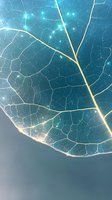 Delicate leaf skeleton with glowing veins on turquoise background shows intricate natural patterns and textures, creating magical ethereal atmosphere.
