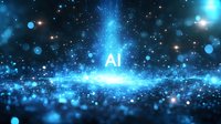 Glowing AI text emerging from cosmic blue particles and light effects in dark space, representing artificial intelligence technology.