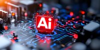 Glowing AI symbol on electronic circuit board with blue and red neon lights, representing artificial intelligence and machine learning technology advancement.