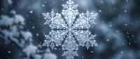 Intricate crystal snowflake with detailed geometric patterns against blurred winter background with falling snow for holiday decorations and seasonal designs.