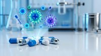 Pharmaceutical capsules and virus particles floating above laboratory equipment in medical research setting for healthcare and drug development concepts.