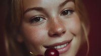 Young blonde woman with freckles holding red cherry between teeth, close-up portrait with warm lighting and burgundy background for lifestyle content.