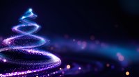 Glowing spiral light trail forming abstract Christmas tree shape against dark background with purple and blue bokeh effects and sparkles.
