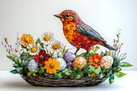 Colorful songbird perched on woven basket nest with spring flowers and decorative eggs, artistic nature composition on white background for seasonal decor.