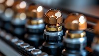Macro shot of luxury audio equipment knobs with copper and gold finish, showing precise engineering details against blurred background with bokeh lighting effects.
