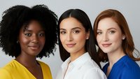Three diverse professional women in colorful business attire smiling confidently at camera, representing teamwork and workplace diversity in modern office.