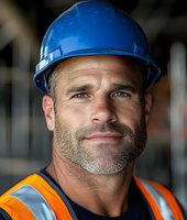 Confident construction worker wearing blue hard hat and orange safety vest smiles at camera, showing experience and reliability in industrial setting.