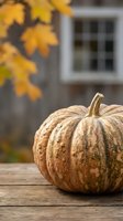 Striped heirloom pumpkin on rustic wooden table with autumn leaves and farmhouse window in background for seasonal harvest decoration and fall displays.