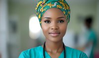 Young African American female healthcare worker wearing turquoise scrubs and traditional patterned headwrap smiles confidently in medical setting, representing diversity in healthcare.
