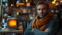 Mature Caucasian man with gray hair and beard wearing orange scarf and sweater, arms crossed, sitting in cozy cafe with warm ambient lighting and bokeh background.