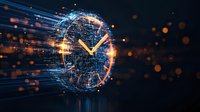 Futuristic digital clock with glowing blue and orange light streams against dark background shows time passing in technological visualization.