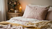 Cozy romantic bedroom with pink linen bedding, love pillow, glowing candle, and rustic nightstand with flowers for Valentine's Day decor.