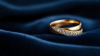 Golden engagement ring with diamonds on dark blue silk fabric background, luxury jewelry macro photography for wedding and romance concepts.
