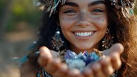Young mixed race woman with freckles and curly hair smiling while holding blue crystals in cupped hands, wearing boho style accessories and natural makeup.