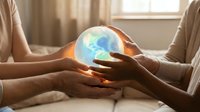Two hands holding glowing globe with warm light, symbolizing global connection, sustainability, and shared responsibility for environmental protection and future growth.