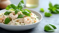 Creamy fettuccine pasta with shrimp in white sauce garnished with fresh basil leaves and black pepper, served on white plate against light background.