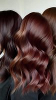 Different shades of brunette and auburn wavy hair showing professional color techniques and styling for salon and beauty marketing materials.