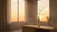 Warm sunset light streaming through modern window illuminates minimalist interior with white ceramic vase and delicate branch arrangement on wooden surface.