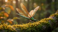 Delicate dragonfly with translucent wings resting on moss-covered surface in warm golden sunlight creating magical bokeh background for nature designs.