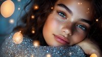 Young woman with freckles and glowing skin in magical evening atmosphere with bokeh lights and sparkles, close up portrait against dark blue background.