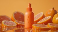 Orange cosmetic bottle with dropper on water surface surrounded by fresh citrus slices creating reflection and splashes in warm orange tones.