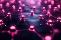Glowing pink network nodes connected by illuminated lines against dark background create futuristic technology visualization with bokeh light effects.