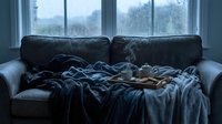 Cozy dark leather sofa with rumpled blankets and pillows near rainy windows, creating a moody, relaxing atmosphere for home comfort and interior design projects.