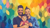 Happy male couple with child against colorful abstract background, representing diverse family, love, parenthood, and LGBTQ+ community.