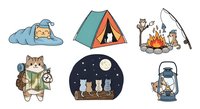 Cute cat character in sleeping bag, camping tent with fire, campfire with fishing rod, cat hiker with backpack and map, cats under moonlight in night scene, vintage camping lantern. Isolated clipart set ready for design projects, t-shirts, and creative applications.