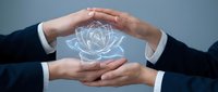 Business hands protecting glowing lotus flower hologram symbolizing mindfulness, wellness protection, and corporate meditation practices in modern workplace.