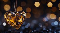 Crystal heart pendant with golden bokeh lights on dark background, romantic jewelry macro photography for Valentine's Day and anniversary celebrations.