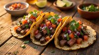 Beef tacos with fresh cilantro, diced tomatoes and onions served on crispy corn tortillas, perfect for restaurant menus, food blogs and culinary publications.