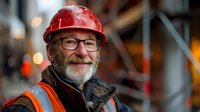Mature Caucasian construction worker with gray beard wearing safety helmet, glasses and reflective vest smiles confidently at industrial worksite location.