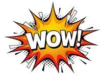 Comic book style WOW explosion burst with orange yellow gradient and halftone dots on white background for pop art designs and promotional materials.