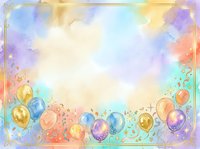 Watercolor celebration background with colorful balloons, confetti, and decorative elements in pastel tones, isolated on white for greeting cards, invitations, and party designs.