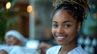 Beautiful young African American woman with braided hairstyle and natural makeup smiling confidently in cafe setting. Perfect for lifestyle, beauty, and wellness advertising.