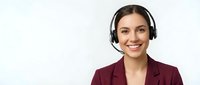 Professional young Hispanic businesswoman wearing headset smiling at camera in burgundy blazer against white background for customer service concepts.