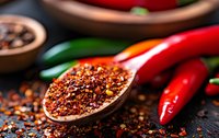 Wooden spoon filled with crushed red chili pepper flakes and whole peppercorns, fresh red chili peppers and green leaves on dark rustic wooden background.