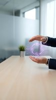 Businessman in dark suit holding glowing digital workflow diagram with optimize, analyze, execute icons above wooden desk in modern office with blurred glass background.